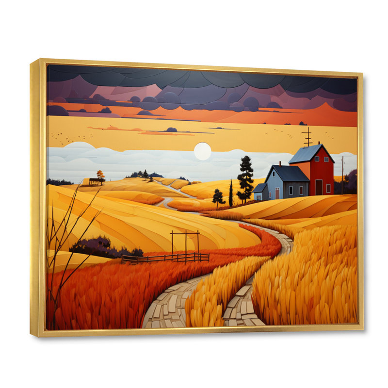 «Bentlea Yellow Barn Minimalsim Landscape II», reproduction sur toile, Cadre flottant doré, H 34 po x l 44 po x P 1,5 po