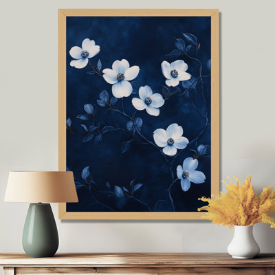 Deepmoody Indigo Apple Blossom Orchard Night IV - Tableau encadré en cornouiller