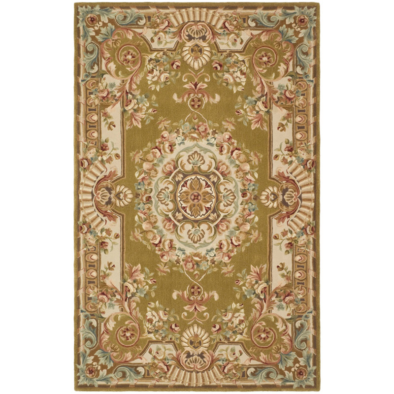 Tapis vert/beige/rose en laine touffeté à la main Priscila, Rectangle 4 pi x 6 pi