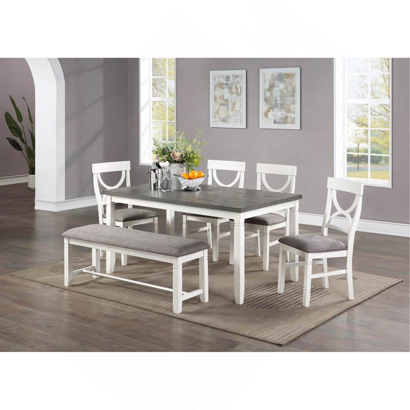 Table de salle à manger 6pc, Gris / blanc antique, Gris / blanc antique