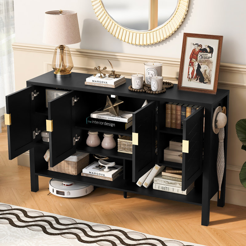 55" Wide 4 - Door Credenza Office Storage Cabinet With Open Storage, Black
