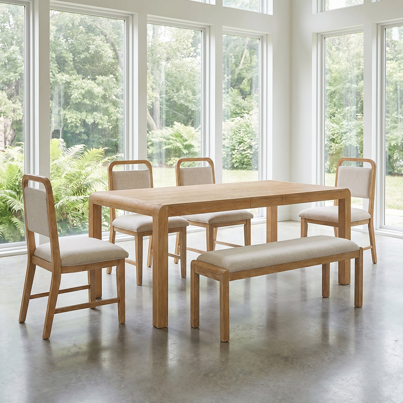 Rustic Extendable Dining Table Set - Elegant Curved Legs & Ergonomic Chairs For 4-6, Natural
