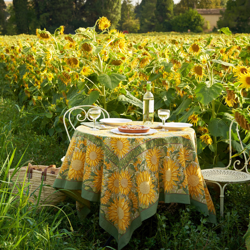 Sunflower Handmade Floral Tablecloth, Yellow/Green, 90" x 90"