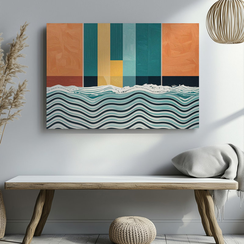 Toile géométrique et organique avec toile abstraite, blocs de couleurs et vagues fluides, art mural, art mural prêt à accrocher