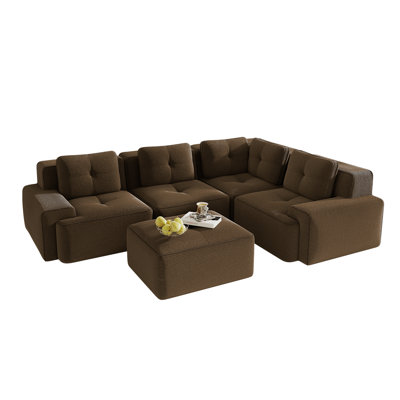 Dravon 5-Piece Corduroy Modular Sectional Sofa With Movable Ottoman, Deep Seat Corner Sectional For Living Room