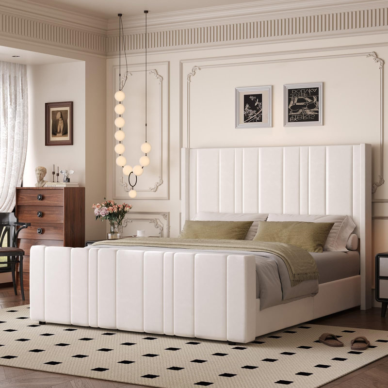 Upholstered Bed with Vertical Channel Tufted Headboard & 22" Footboard, Full, White