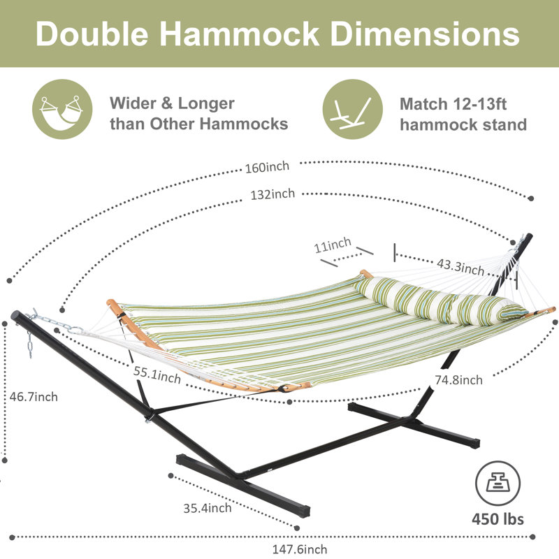 Grand hamac double de 55 pouces avec support Cruce, capacité 450 lb, Cruce, Vert clair / bleu / rayure ivoire