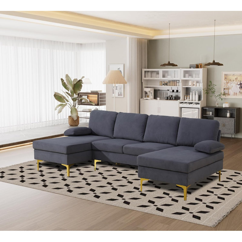 Canapé modulaire en U 3 pièces Fluffy, Tissu gris