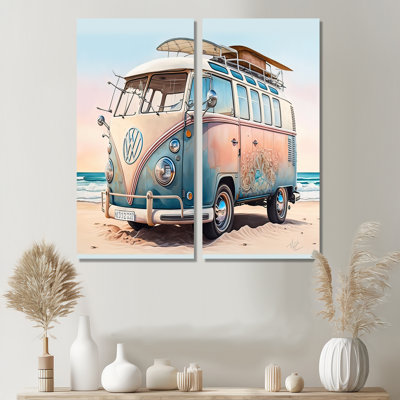70s Surfing Van At The Beach II - Brown - décoration murale traditionnelle 2 pièces