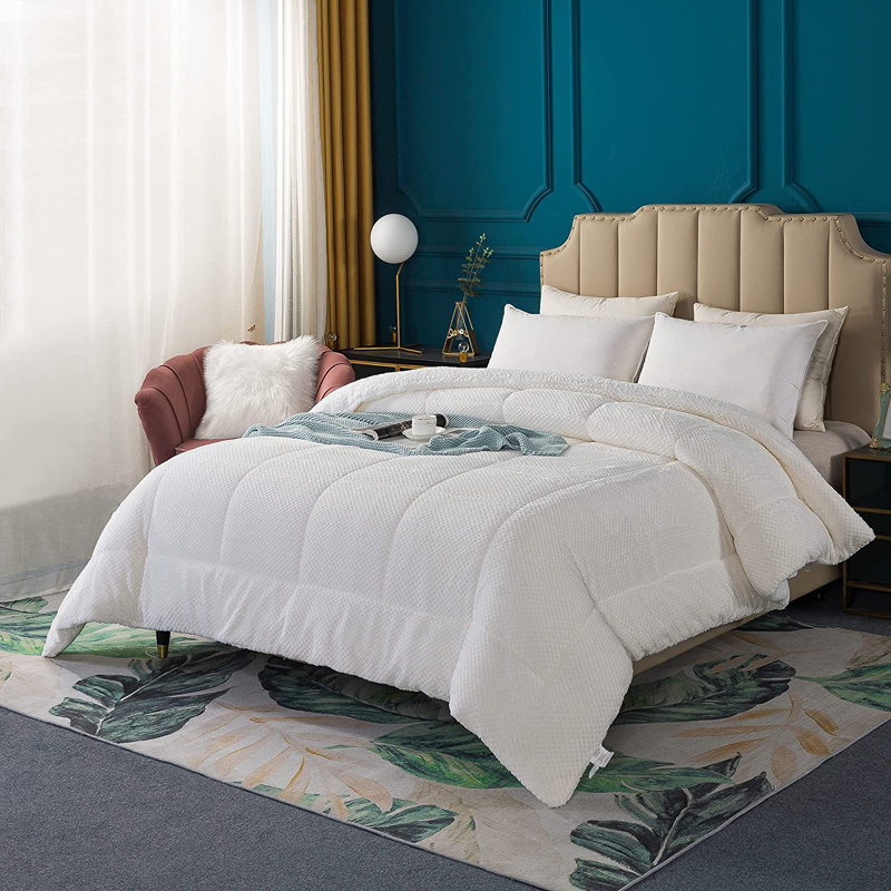  Édredon réversible en microfibre super doux et moelleux Sherpa, lavable à la machine, Édredon grand, Blanc