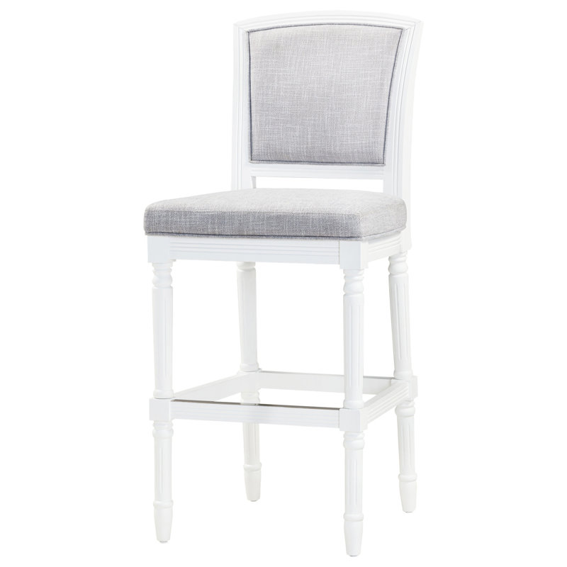 Tabouret de 31 po blanc avec assise et dossier rembourrés gris, pieds texturés tournés pour la table de pub orné d'une hauteur de bar de 31 po