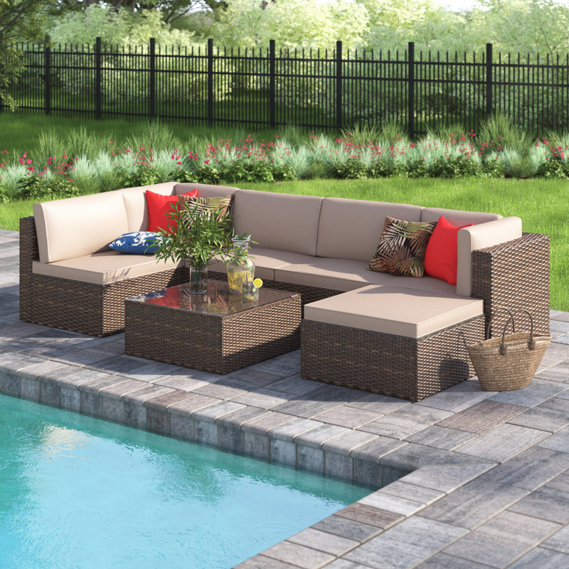 Nia All-Weather 7 Piece Rattan Sofa Seating Group with Cushions, Beige/Red