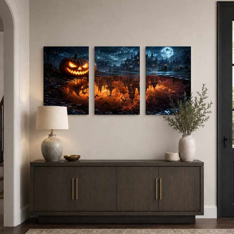 Ensemble de 3 toiles murales d'Halloween avec des citrouilles lumineuses et un château hanté, H 30 po x l 20 po x 3 pièces