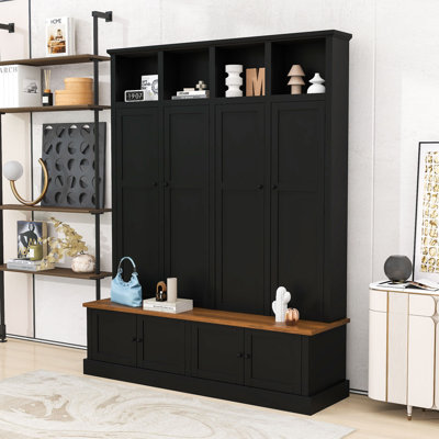 Farmhouse Hall Tree with Storage Bench, Cabinet and 4 Hooks