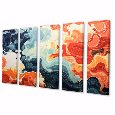Encre liquide bleue et orange liquide, art mural abstrait 5 pièces pour le salon