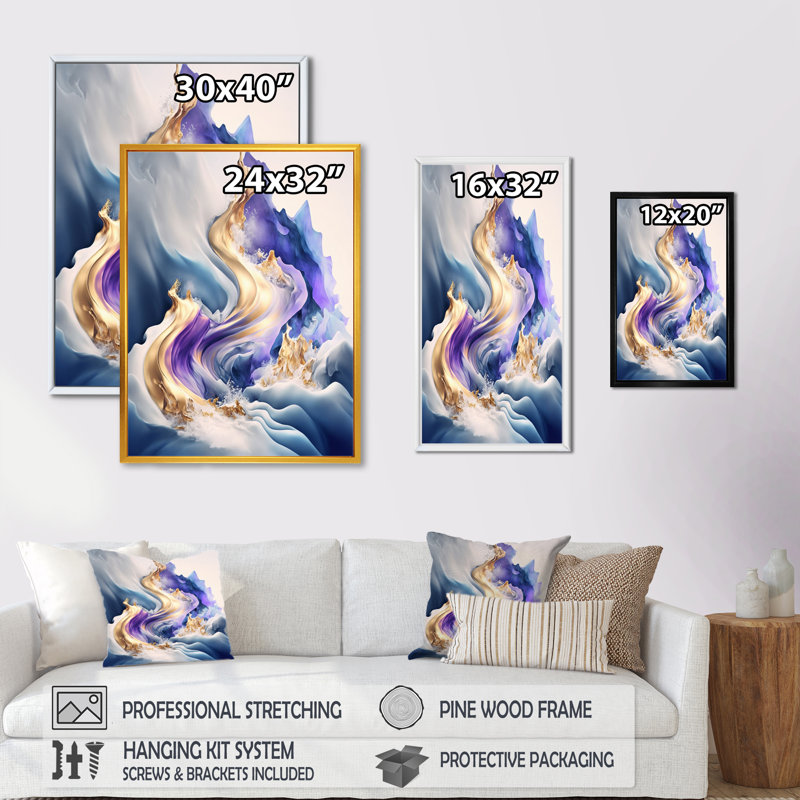«Blue and Gold Splash Paint III», peinture sur toile, H 20 po x l 12 po x P 1 po, Toile avec cadre flottant or