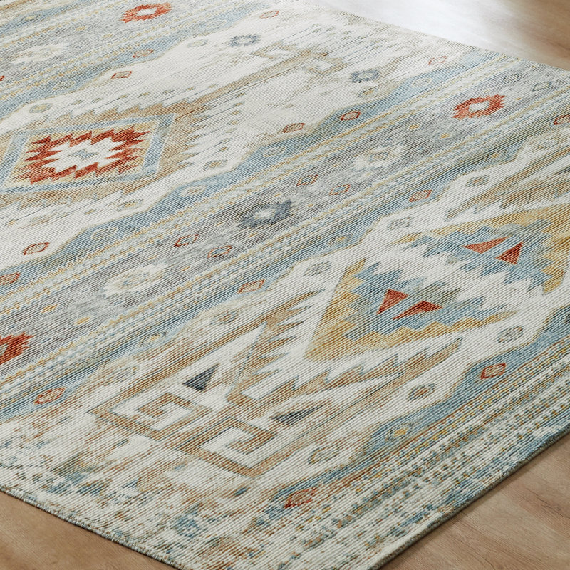 Sundance Mesa Weathered Ivory Teal Wool Hand Crafted Area Rug, Rectangle 3'6" x 5'6"