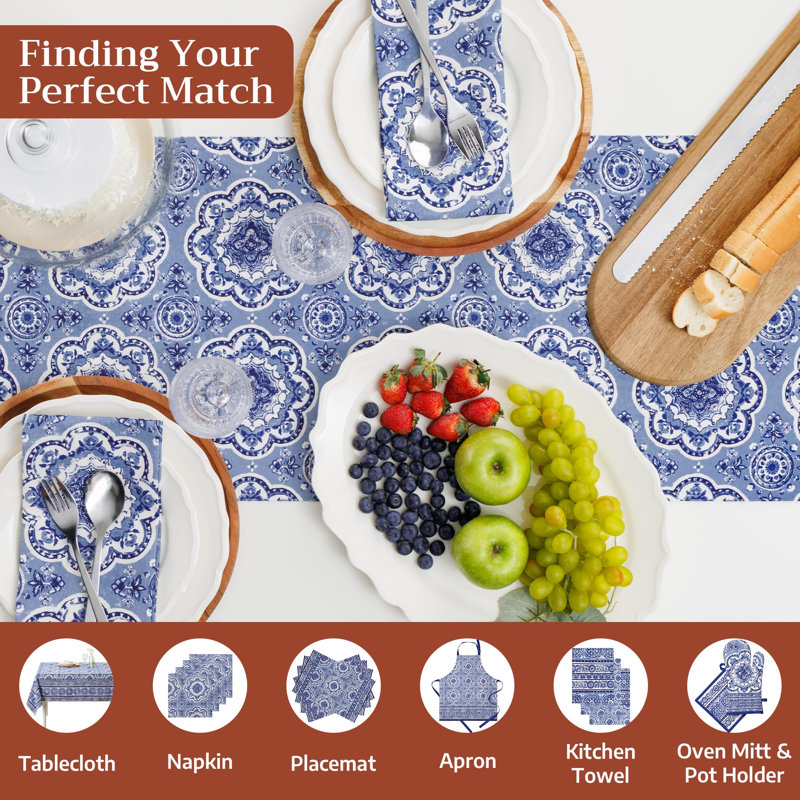 Maison d' Hermine Table Runner 100% Cotton Single Layer Table Runners 72 inches Long Decorative for Home Kitchen Dining Valentines Day Decorations Spring Summer (Melodie Bleue , 14.5" x 72")
