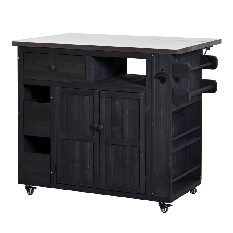 Outdoor Solid Wood Extendable 19.3''/28'' Kitchen Island, Stainless Steel Top Grill Table With Side Spice Rack, Kitchen Cart With Drawers, Storage Cabinet For Backyard, Bbq,Party