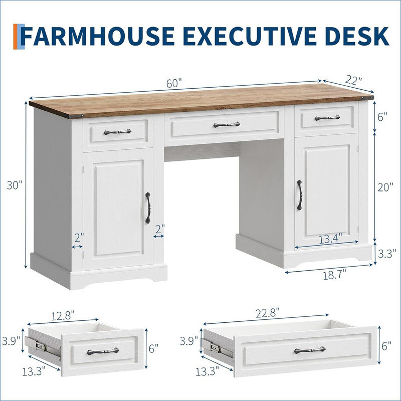 Bureau de direction 60 po avec tiroirs, bureau de maison de ferme avec armoires de rangement, bureaux d'écriture rustiques, bureaux d'ordinateur en bois pour la maison, le bureau, le bureau, blanc antique