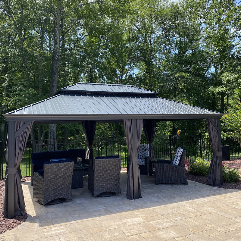 PURPLE LEAF 14' X 20' Permanent Hardtop Gazebo Aluminum Gazebo with Galvanized Steel Double Roof for Patio Lawn and Garden, Curtains and Netting Included, Gray