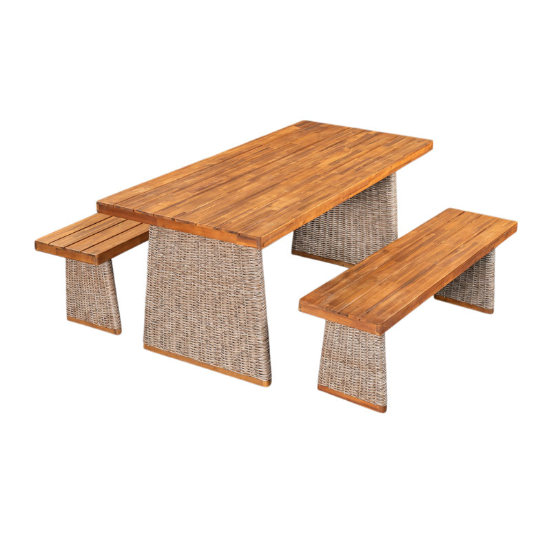 Ensemble repas d'extérieur 3 pièces en bois d'acacia avec rotin tissé à la main et banc, Brown