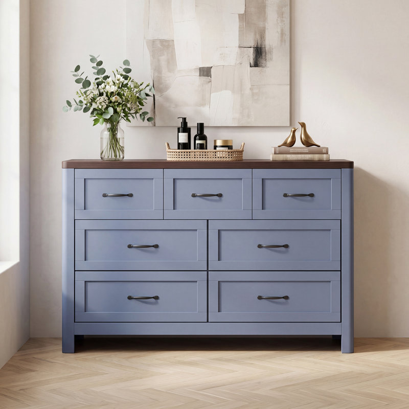 Commode de rangement bleue à 7 tiroirs 47,24 "avec poignées en métal