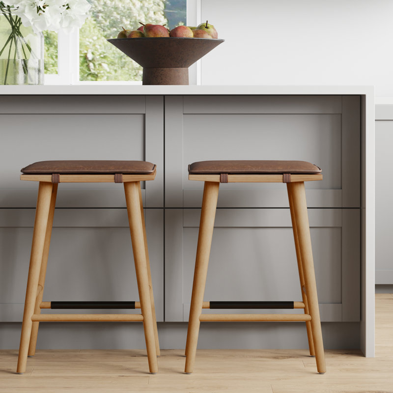 Ensemble de 2 tabourets de bar en bois à hauteur de comptoir avec coussin amovible en cuir, Châtaigne, Pin chaud, 2