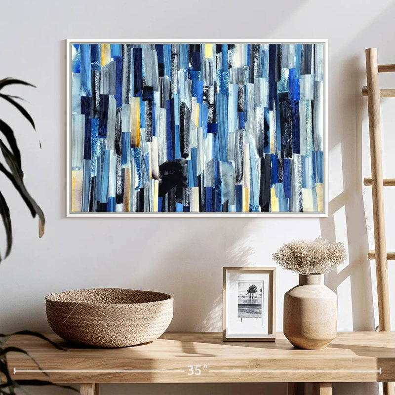 Rayé bleu abstrait, 25 po x 17 po, Cadre flottant blanc
