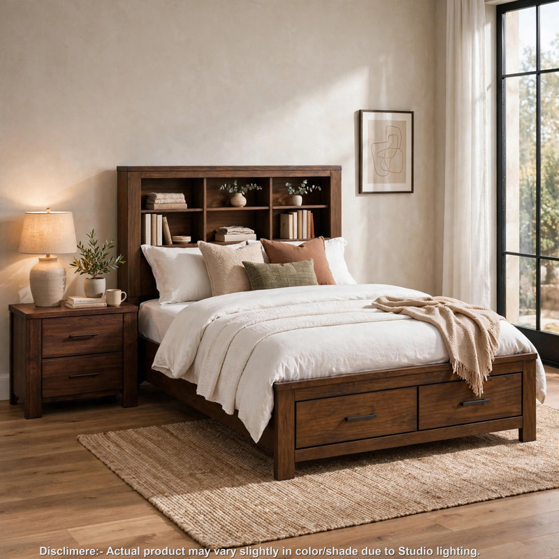 2pc Queen Bedroom Set, Storage Design, Brown, Nightstand, 2 Pcs: Bed, Nightstand