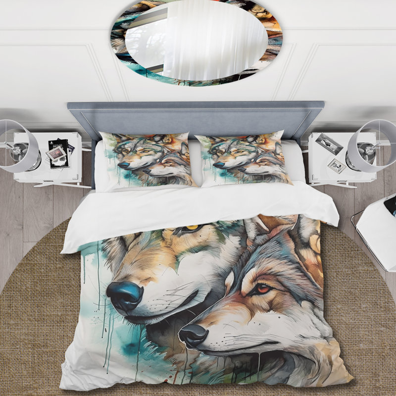 Wolves Portrait Watercolor I - Ensemble de housse de couette animaux - Microfibre de polyester