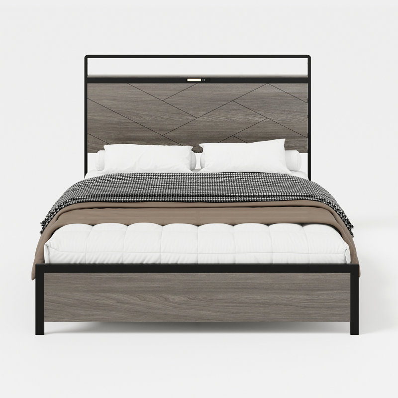 Structure de lit Structure de lit plateforme en bois avec tête de lit à DEL avec rangement et 2 ports USB, aucun bruit, aucun matelas à ressorts requis et outils d'assemblage simples, grand rangement sous le lit