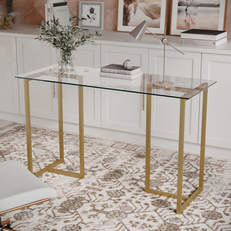 Clear Glass Top Desk with Polished Brass Frame for Home Office