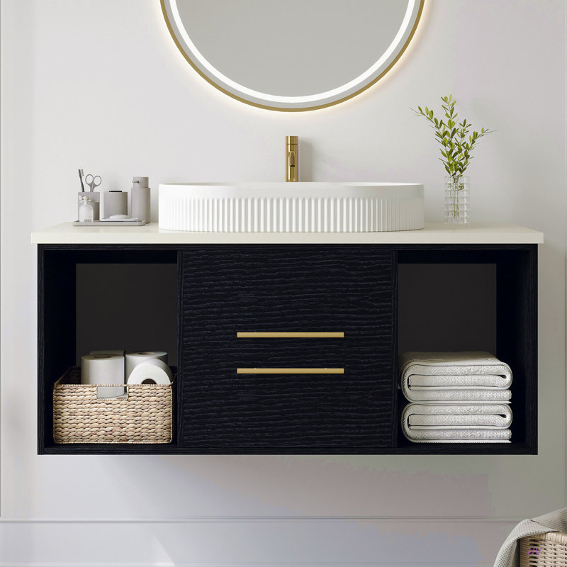Meuble-lavabo mural moderne 40 po avec meuble-lavabo flottant en céramique massif, Noir, 40"
