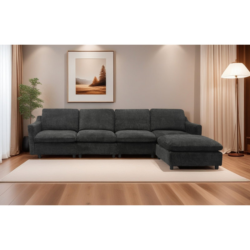 Canapé modulaire noir avec méridienne réversible - siège profond surdimensionné pour le salon ergonomique, mousse, velours court moelleux, assemblage - conception ergonomique moderne en L, lin doux