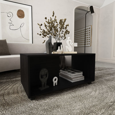 Table basse de salon de 36 po de largeur rectangulaire noire avec motif et une tablette