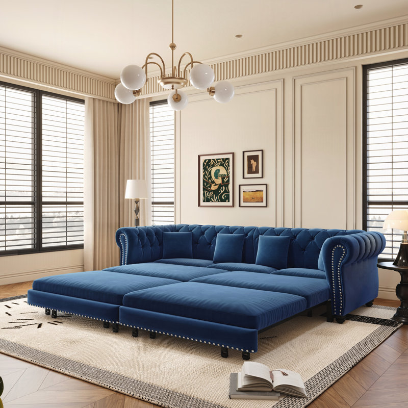 Canapé Chesterfield, canapé-lit 3 en 1, canapé-lit convertible, canapé-lit king size, méridienne, canapé 3 places en velours avec pouf amovible