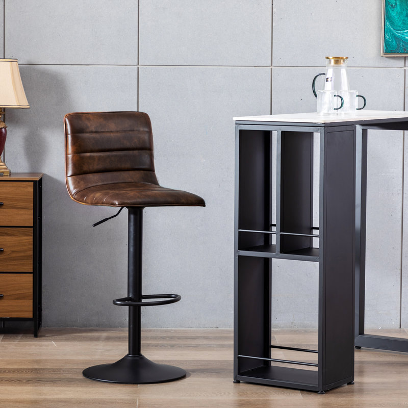 Rawlinson Adjustable Height Low Back Bar Stool with Leather Seat and Metal Base, Dark Brown