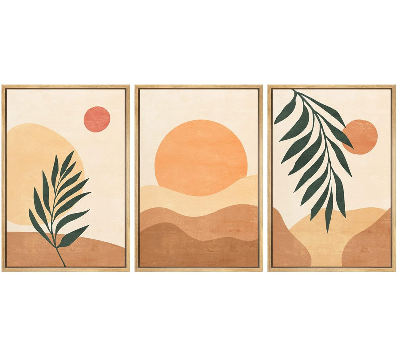 Bohemian-style Plants " Boho Mid-Century Geometric Sunlight Palm Leaf Abstract Illustrations Modern Art Landscape Colourful " 3 - Pieces