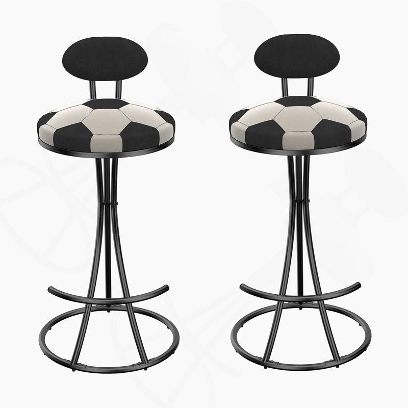 Ensemble de tabourets de bar rembourrés en forme de S, ensemble de 2 tabourets de bar en velours, tabouret rond à imprimé football pour la cuisine et le salon (structure et dossier noirs)
