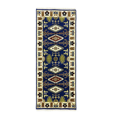 Kanish Geometric Handmade Runner  2'6 X 6'1 Wool Area Rug Dark Blue