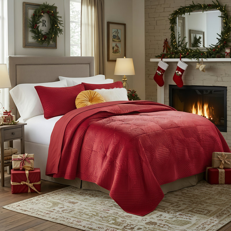 Bann Riviera Velvet Reversible Quilt Set, Twin Quilt + 1 Standard Sham, Red Geometric Shapes
