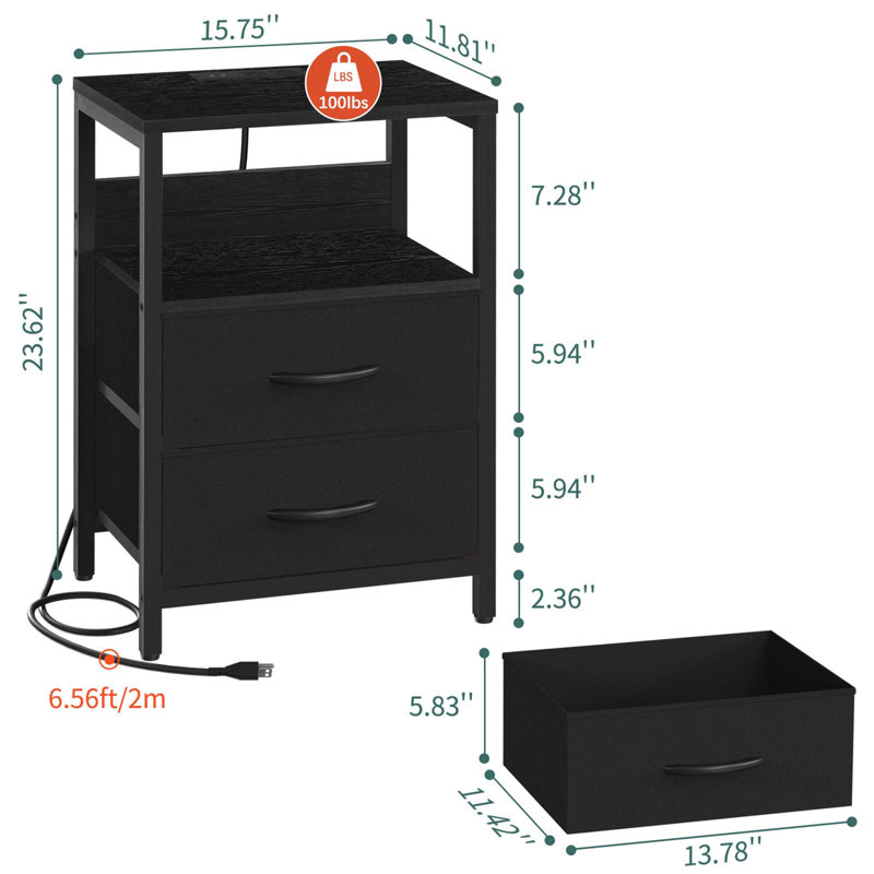 Nightstand with Charging Station, Black