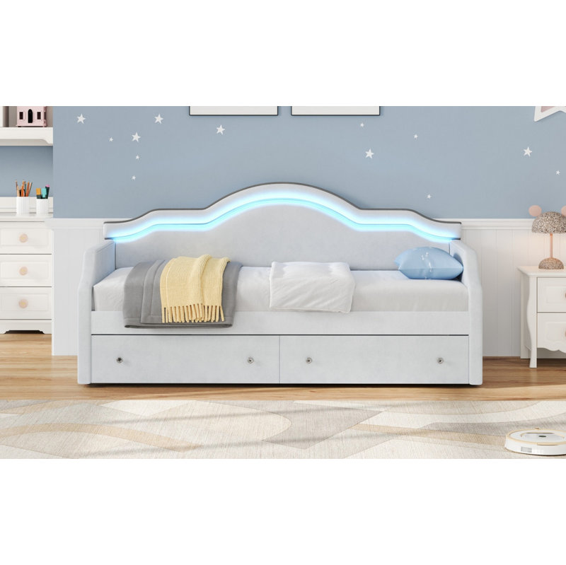 Lit de jour simple tapissier avec DEL et 2 tiroirs, beige, Beige, Lit simple