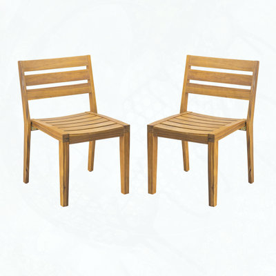 Acacia Wood Dining Side Chair Set of 2 – Teak Finish, Slat Panel Design