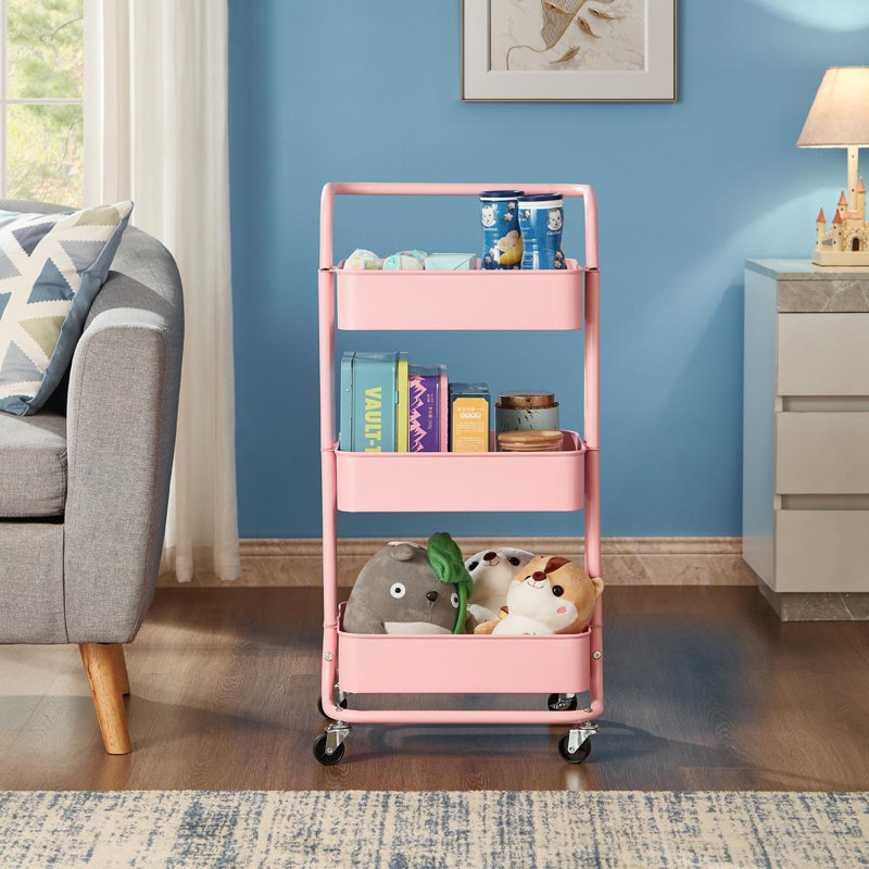 Rosilda 3-Tier Utility Cart Metal Rolling Trolley with Shelves Pink Organiser 90 x 40 x 35 cm, Pink