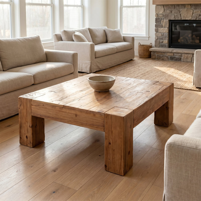 Table basse carrée en bois massif de 39,37 pouces avec pieds carrés robustes, Brown