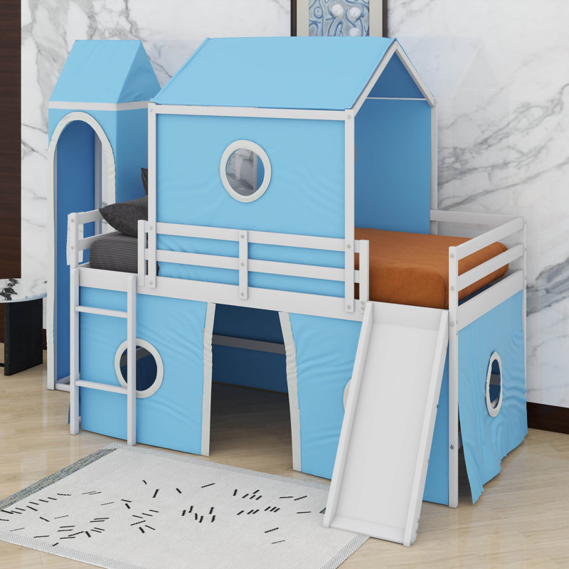 Lit mezzanine simple avec glissade et tour, Bleu