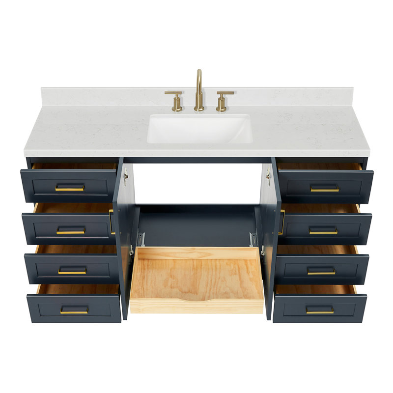 Ensemble de meuble-lavabo simple en bois massif 66 po Freitas, Forme rectangulaire, Bleu minuit, Quartz de Carrare
