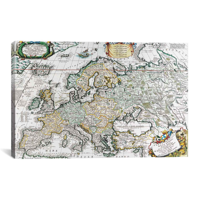 Carte antique de l'Europe, impression sur toile, H 12 po x l 18 po x P 1,5 po, Pas de tapis, Toile tendue